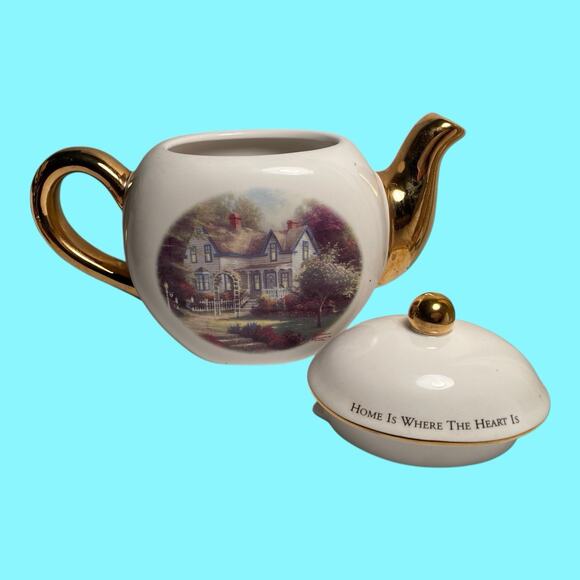 Thomas Kinkade Teapot Home Is Where The Heart Is Teleflora Tea Pot Gold Trim - Picture 3 of 7